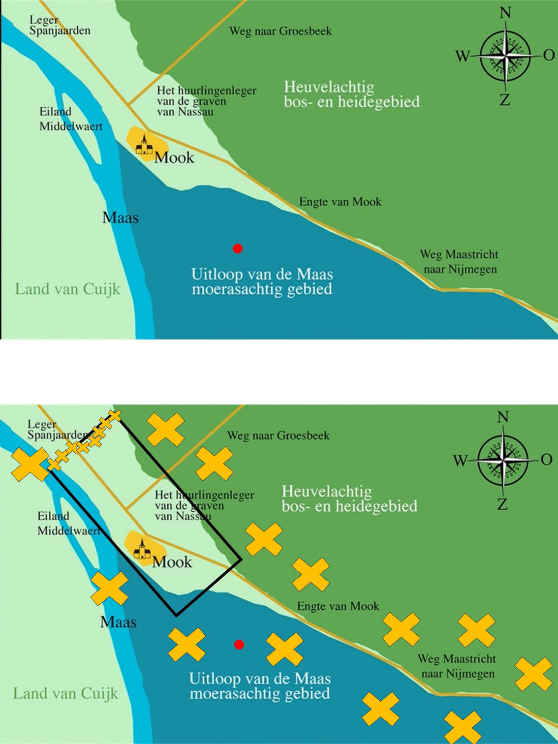 In het noorden zijn nu ook een boel kleine kruizen op een rijtje erbij gekomen die het Spaanse leger moeten voorstellen.  