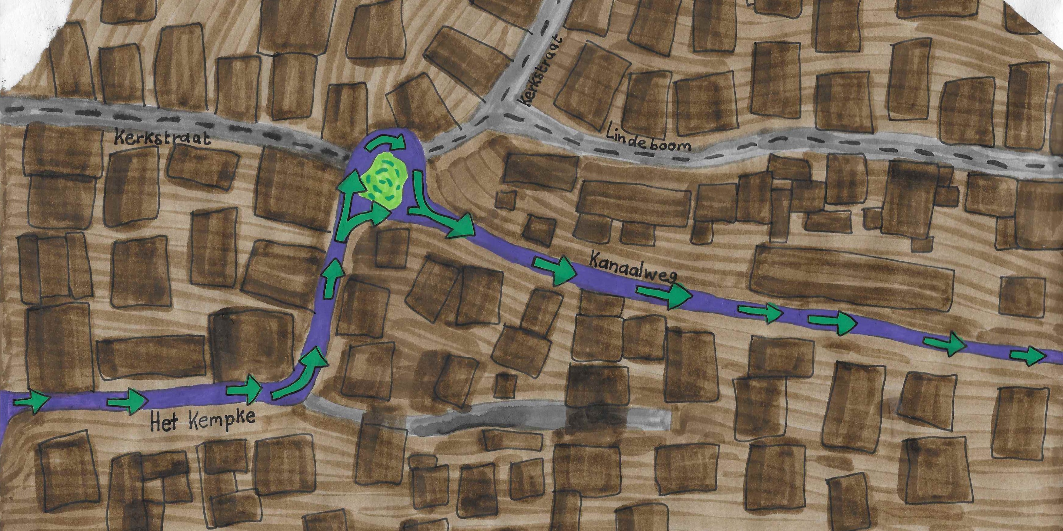 Getekende plattegrond van de route die gelopen moet worden. 