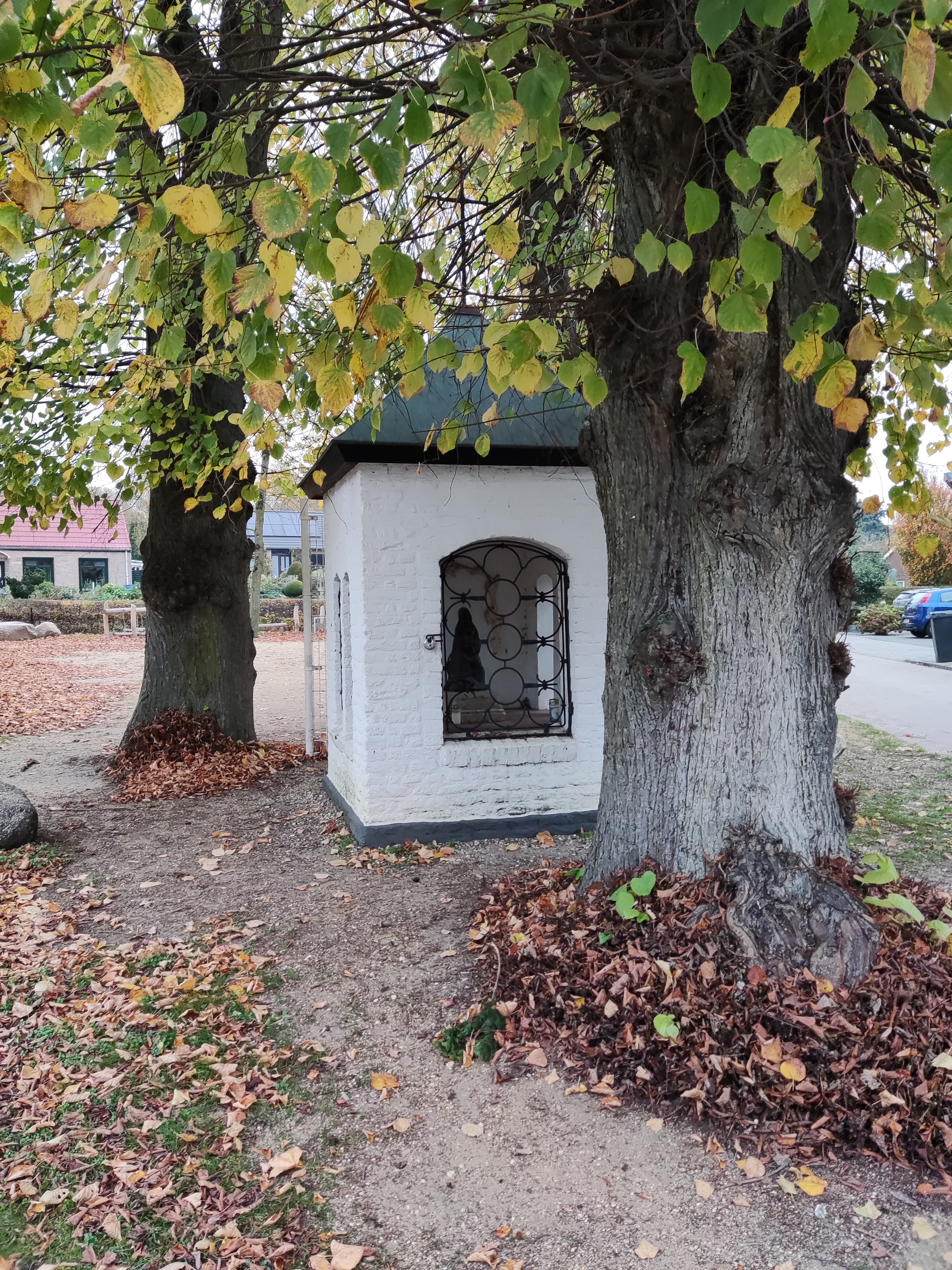 Foto van het witte kapelletje tussen de bomen met het Maria beeld binnenin.  