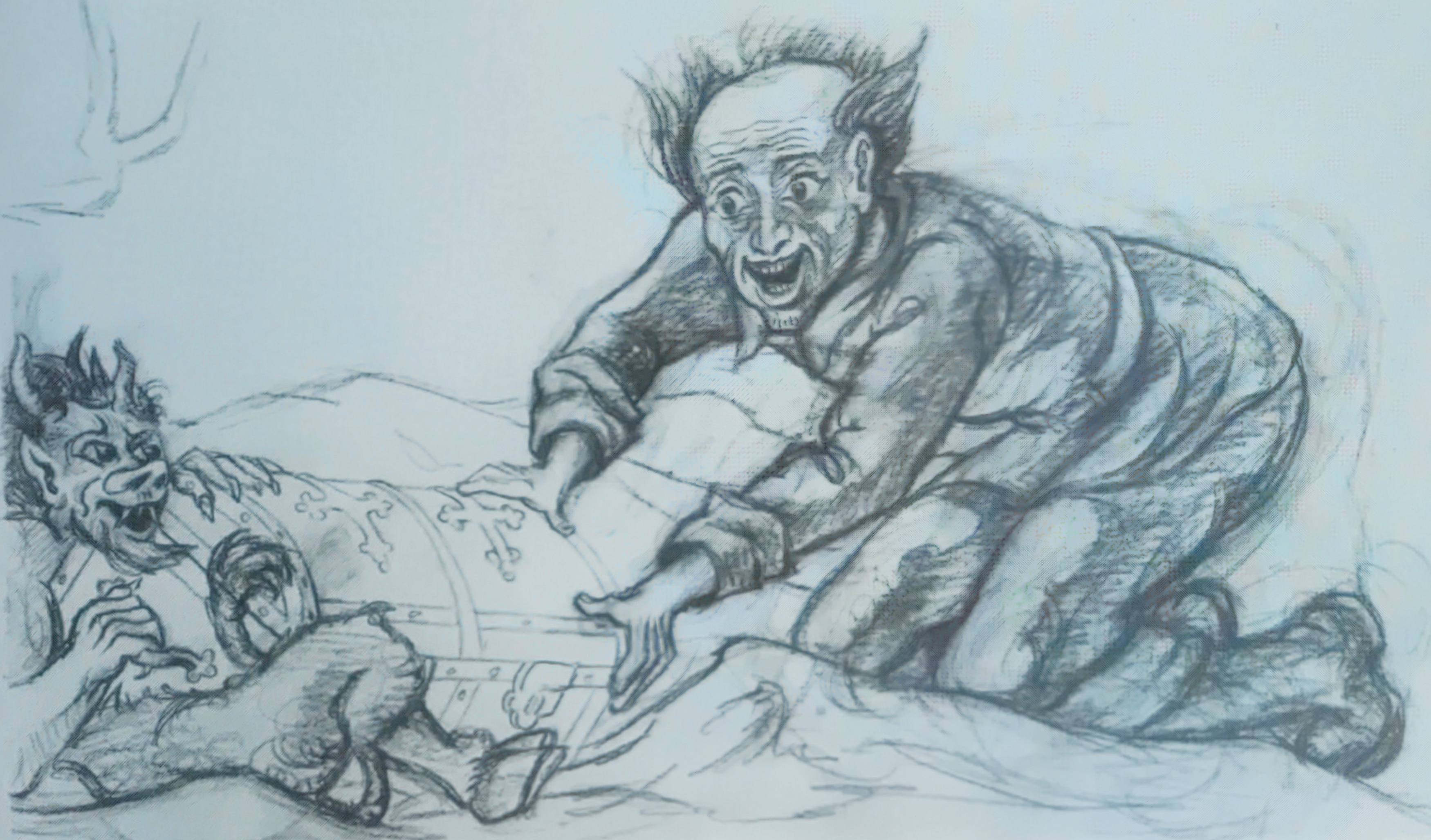 Tekening van de schatkist met twee duivels die de schatkist gevonden hebben en de schatkist willen openen.   