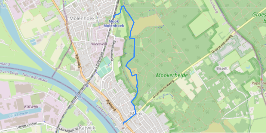 Kaart route van het station in Molenhoek naar het gemeentehuis in Mook. 